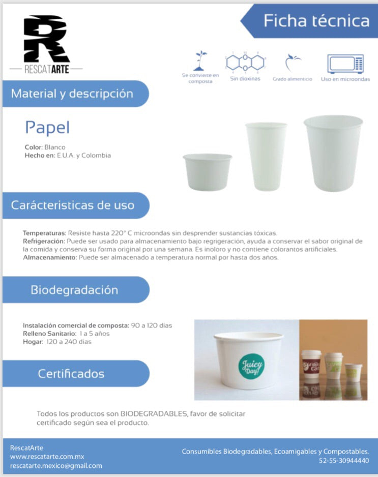Contenedor desechable de 32 oz con tapa, elaborada en papel- 100% biodegradable
